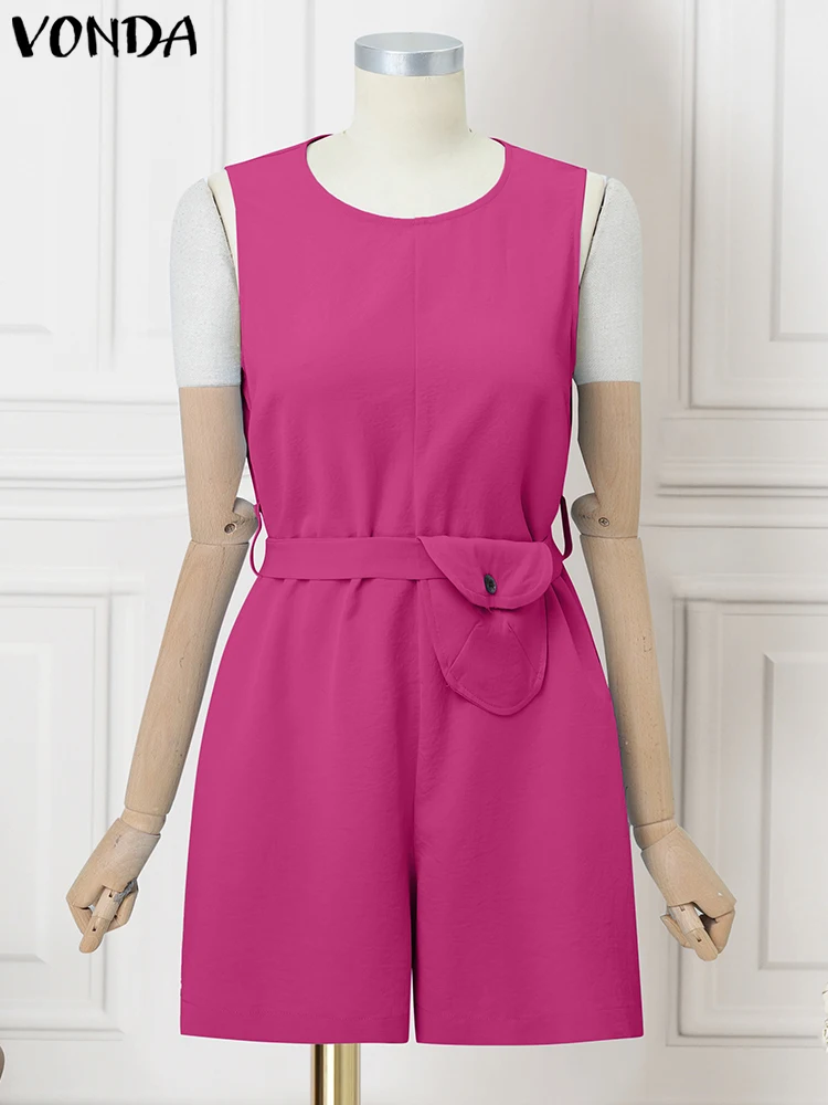 

VNDA Women Summer Jumpsuits Solid Short Sleeve Romper 2025 Vintage V Neck Party Overalls Casual Loose Belt Playsuits Oversized