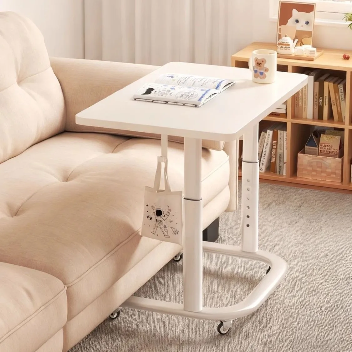 Height Adjustable Rolling Coffee Table Cm Rectangular Engineered-Board Top Laptop Slot Options Silent Wheels Sofa Bedside Study