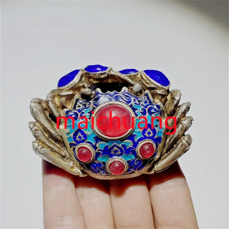 

Mai Chuang / Hand-made/ Old Tibetan Silver Cloisonné Inlaid with Ruby Lucky Crab Can Be Played with And Worn As A for Men Gift