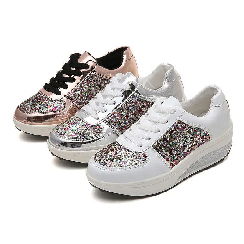 Women's Sports Sequin Light Slip On Low Heeled Sneakers Shoes Mirror Shake Streetwear Walking Vulvanized Shoes