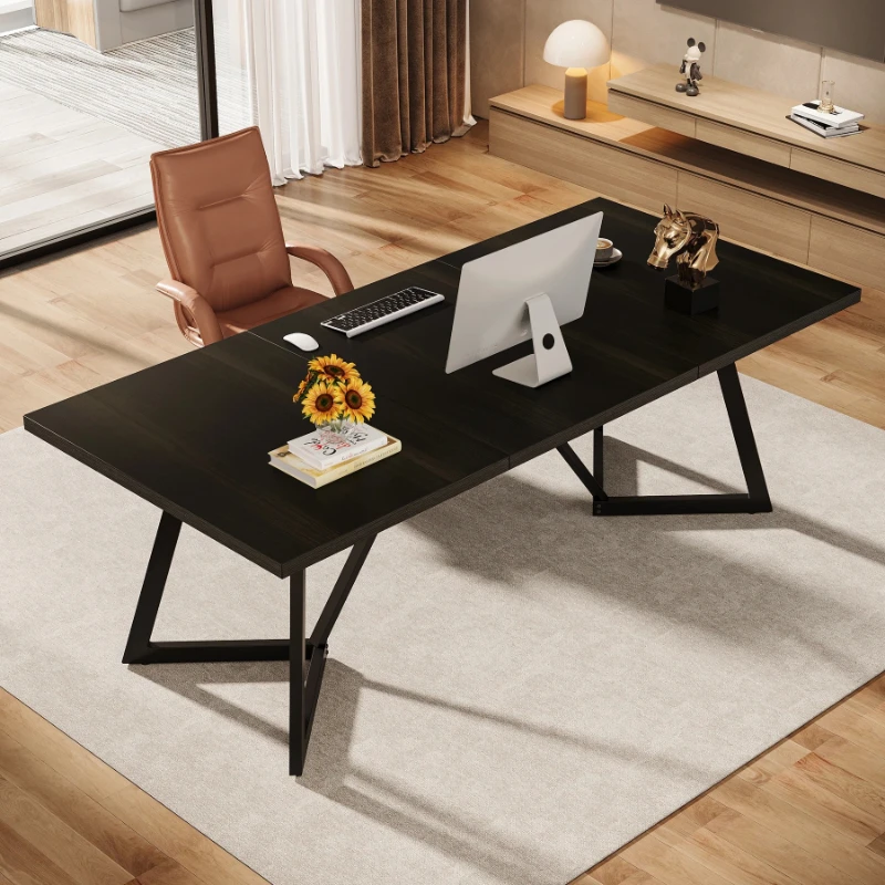 180Cm large executive desk, modern black desk with metal frame, study desk