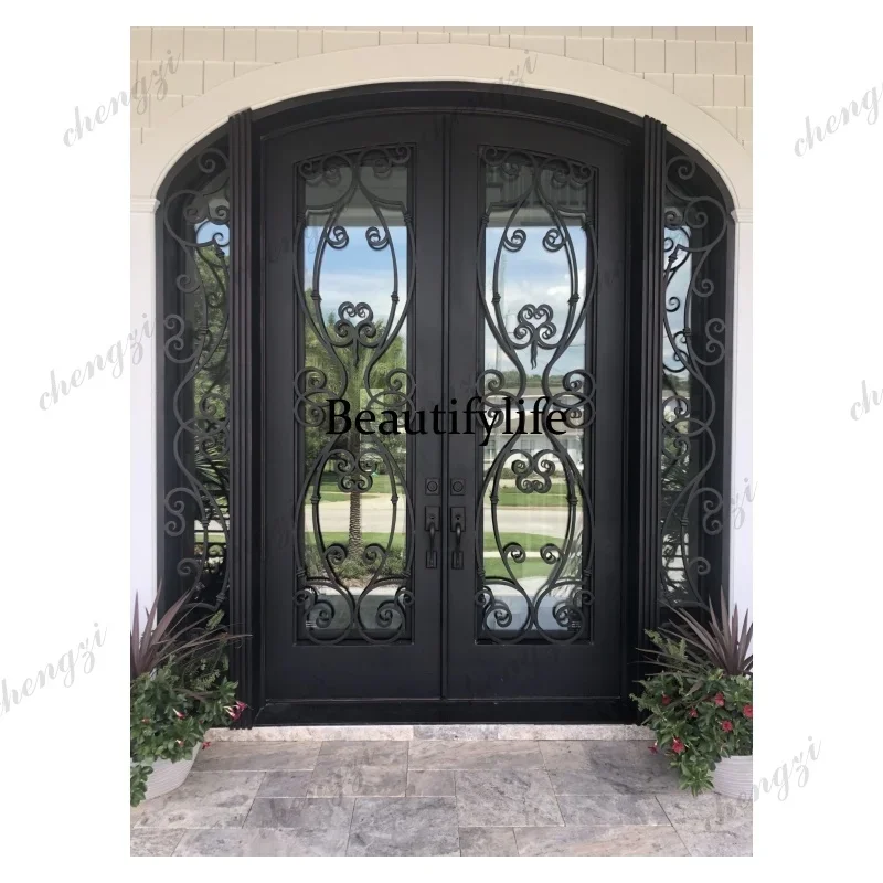 Y136  Customization High Quality Iron Front Door Design Arch Top Double Iron Door Designs Wrought Iron Door With Sidelights