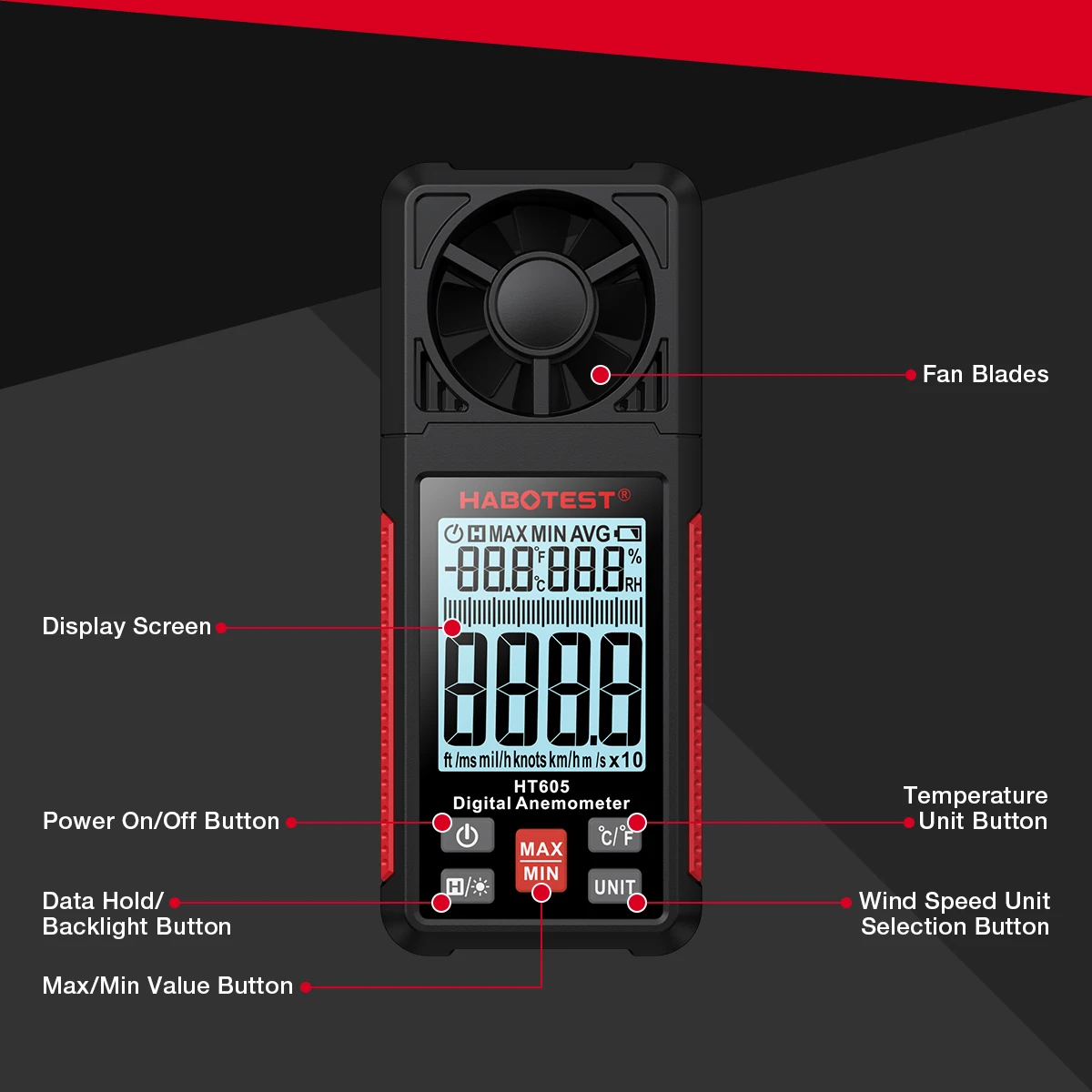 HABOTEST HT605 Digital Anemometer Portable Wind Speed Meter Windmeter LCD Backlight Display Temperature Humidity Meter