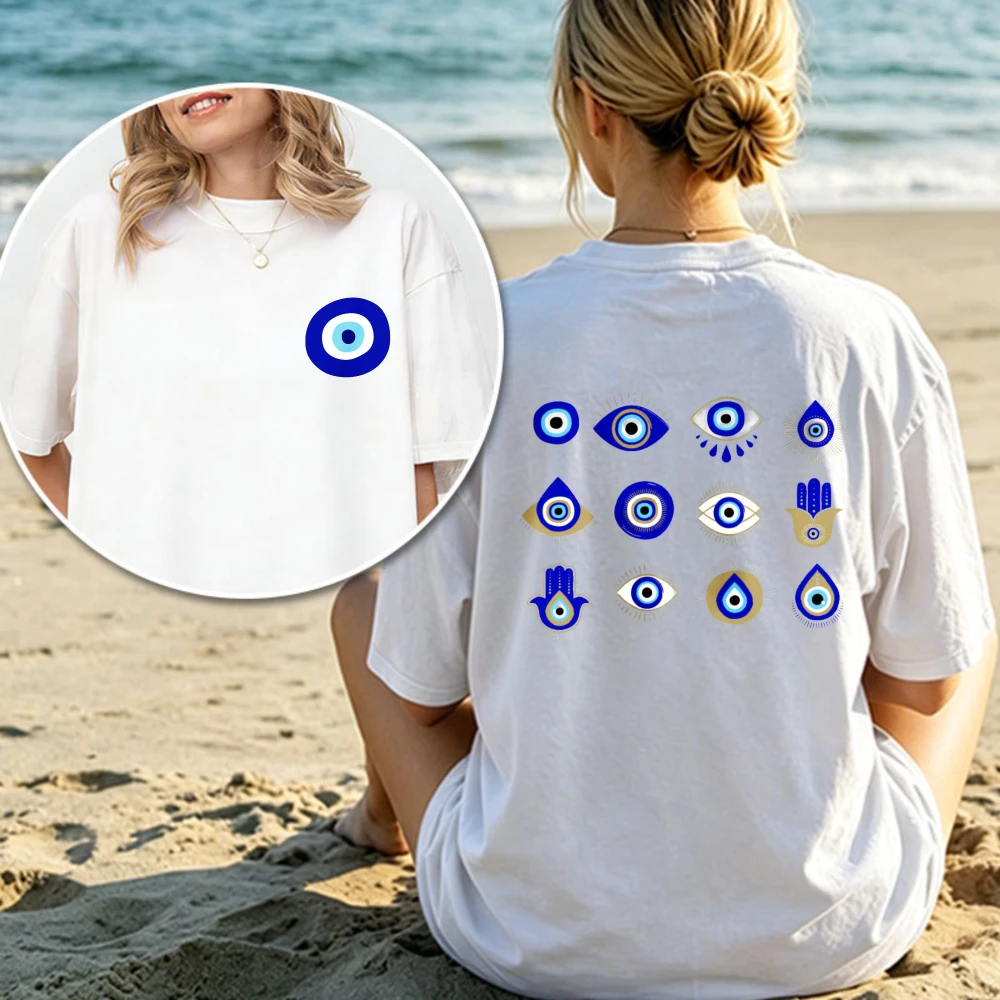 Fashion Evil Eye Unisex Tee Summer Casual Cotton White T-shirt Streetwear Top Bohemian Beach Protection Amulet Comfortable Shirt