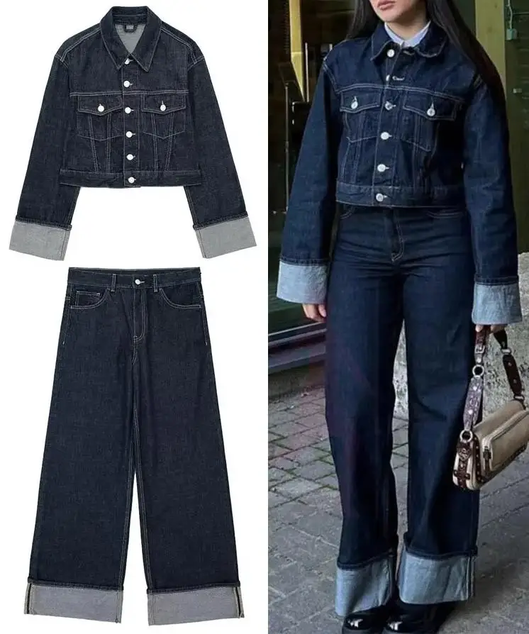 

Women Vintage Denim Jacket Pant Sets Single Breasted Lapel Long Sleeve Coat Wide Leg Trousers Jeans High Street Outfits