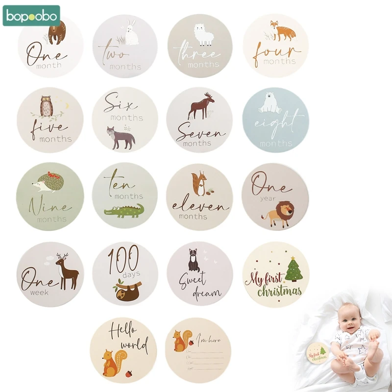 18PCS Newborns Animal Milestone 1-12 Month Card Paper Baby Memories Birthday Party Decoration Children Photography Props