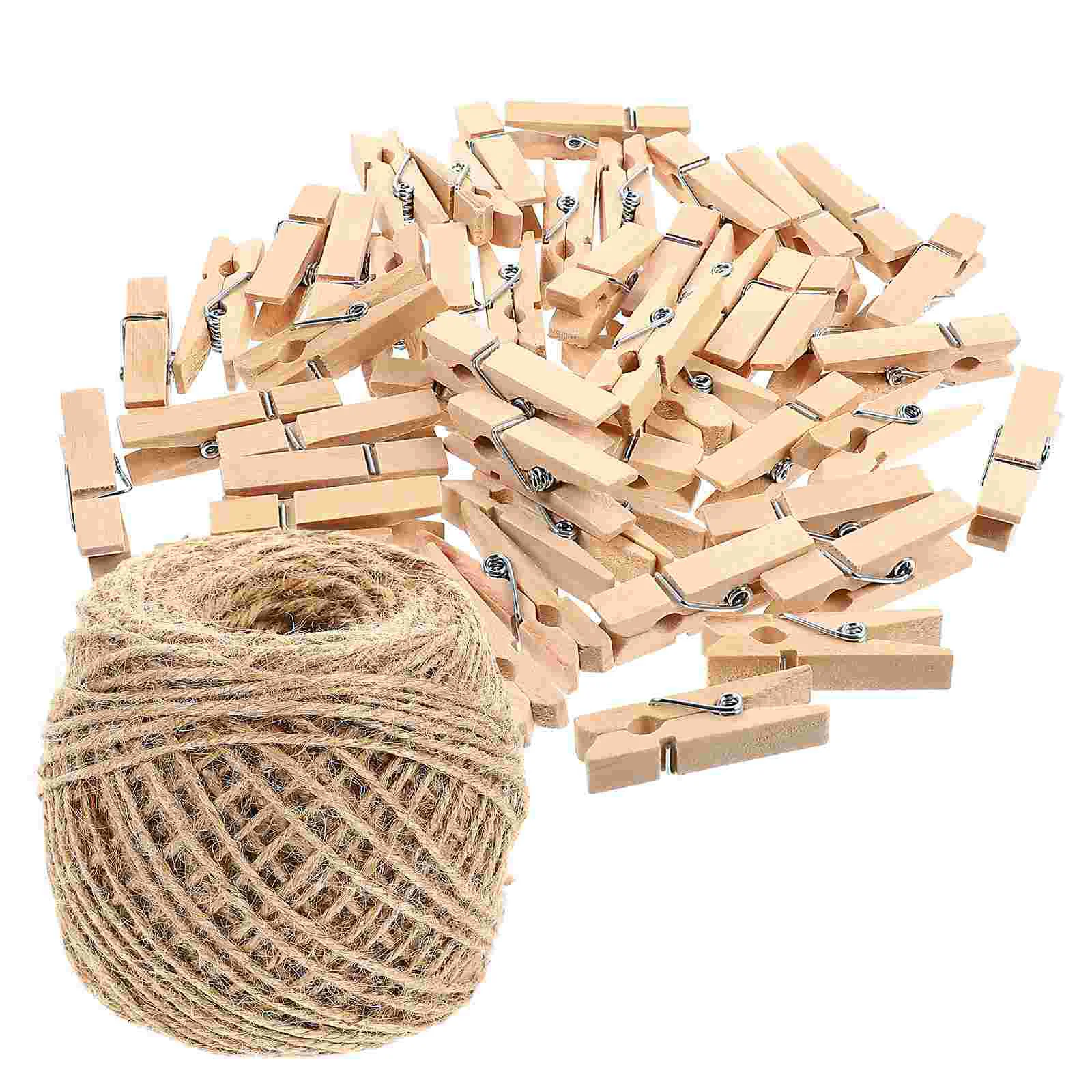 100pcs Wooden Photo Clamps Picture Clips Natural Rope Wall Hanging Decorative Clips for Home Office Party Gifts