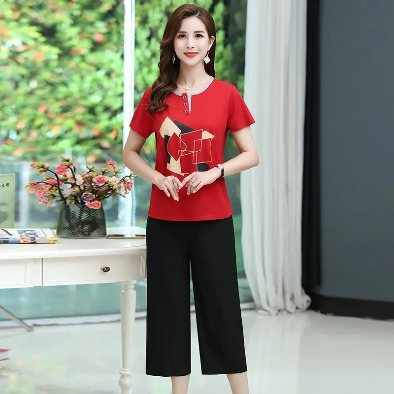 

High-quality Short-sleeved Korean Women's2024 New Summer Women's Print T-shirt Shirt Pants Two-piece Simple and Generous Fashion