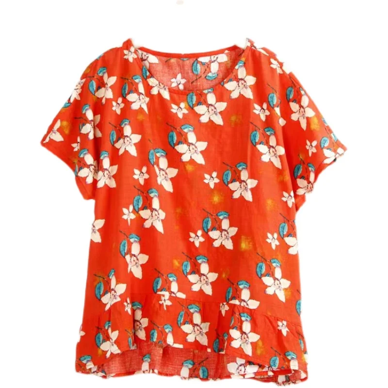 Printed Cotton Linen irt Thin Summer Versatile Comfortable Breathable ort Sve Loose Fit round Ne Casual Women's irt