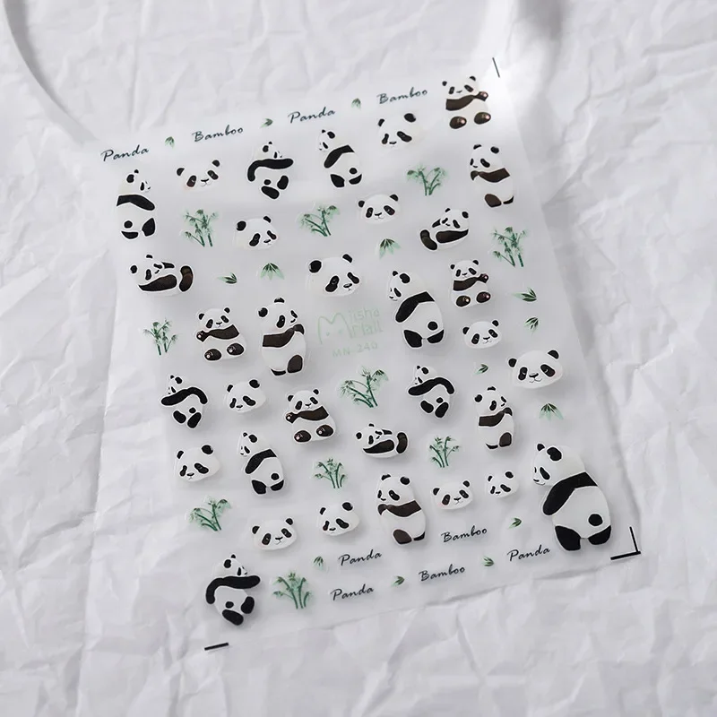 1PCS Cute Cartoon Little Expression Nail Stickers Lovely Panda Green Bamboo 5D Embossed Reliefs Self Adhesive Nail Art Decals