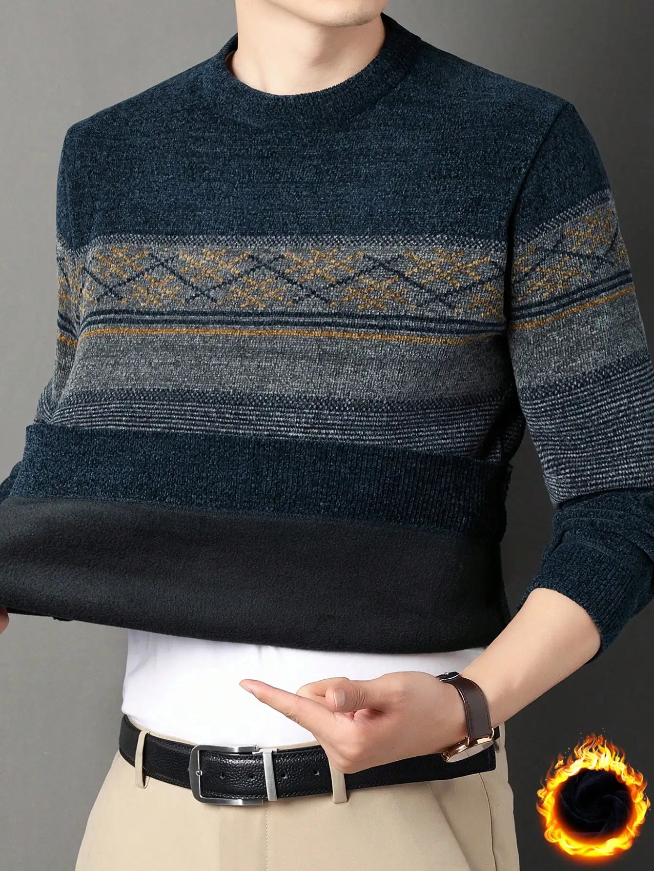 

Мужской толстый вязаный свитер из шенилла в полоску для повседневной носки зимой и осенью