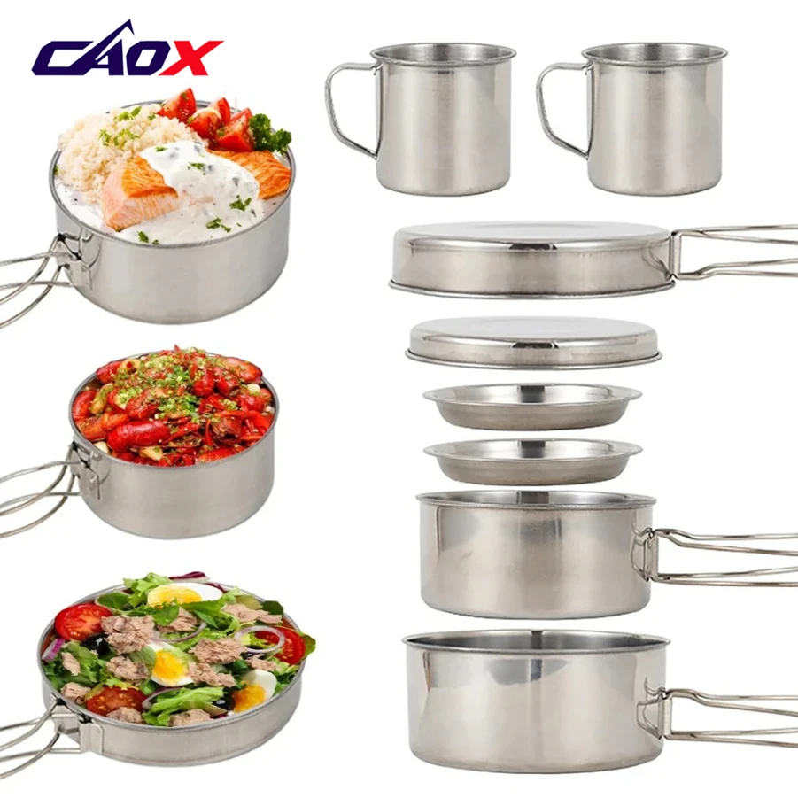 CAOX 8pcs/Set Camping Cookware Mess Kit Stainless Steel Cooking Pot and Pan Set with Plates Cups for Outdoor Hiking Backpacking