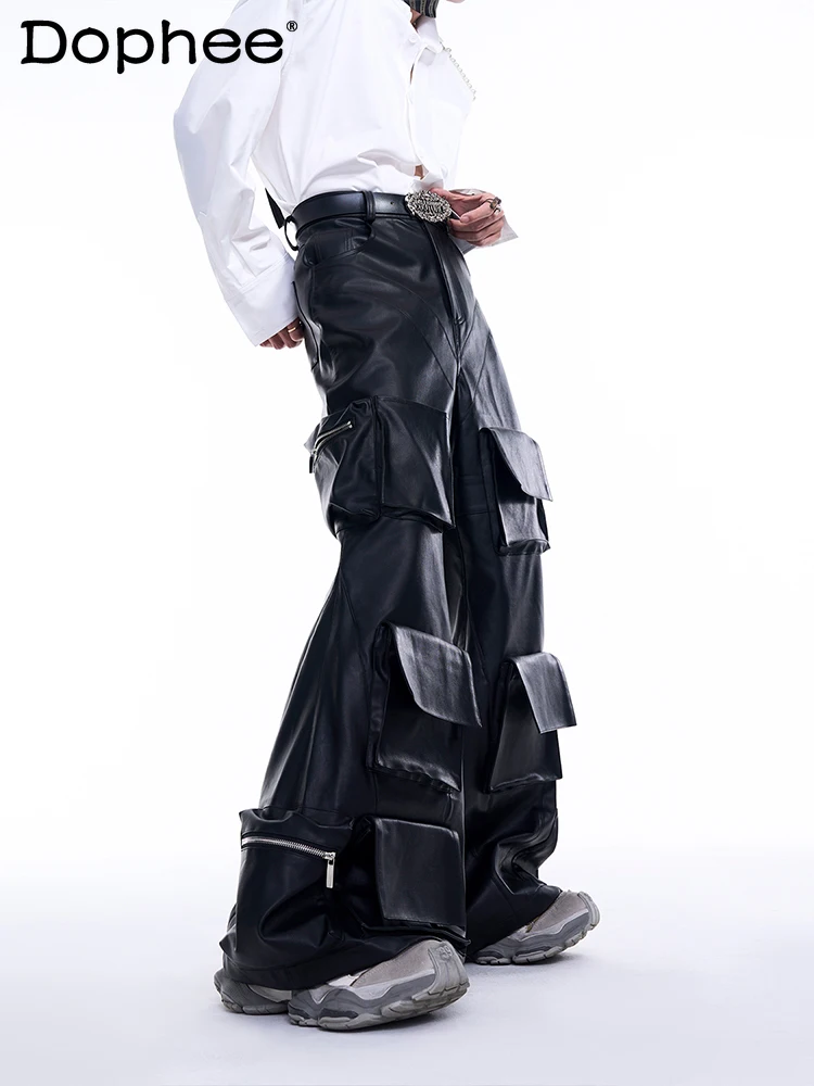 

Multi-pocket Leather Overalls Pants Men's 2024 Autumn Cargo Pants Three-dimensional Pocket Leather Pants Men's Wide-leg Trousers