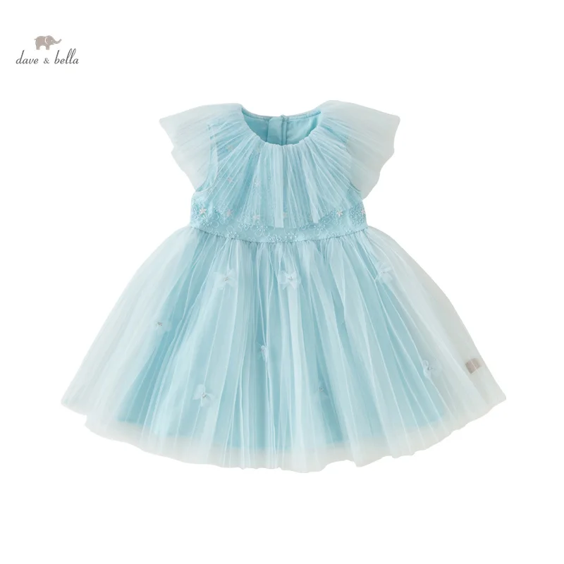 Dave Bella Girl's Princess Dress 2024 New Summer Children's Baby Sleeveless Blue Mesh Noble Cute Sweet Party DB2240779