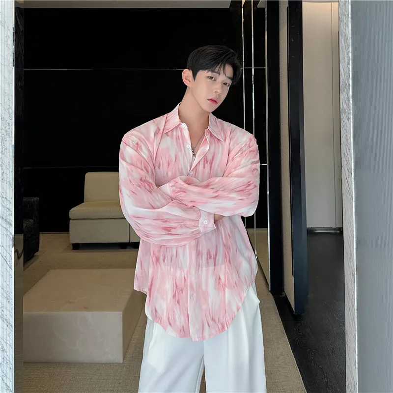 

Early Autumn Men's Long Sve irt Loose Fit Pink adient Print Casual Sle Korean Sle Drapey Silhouette Faionable Yo...