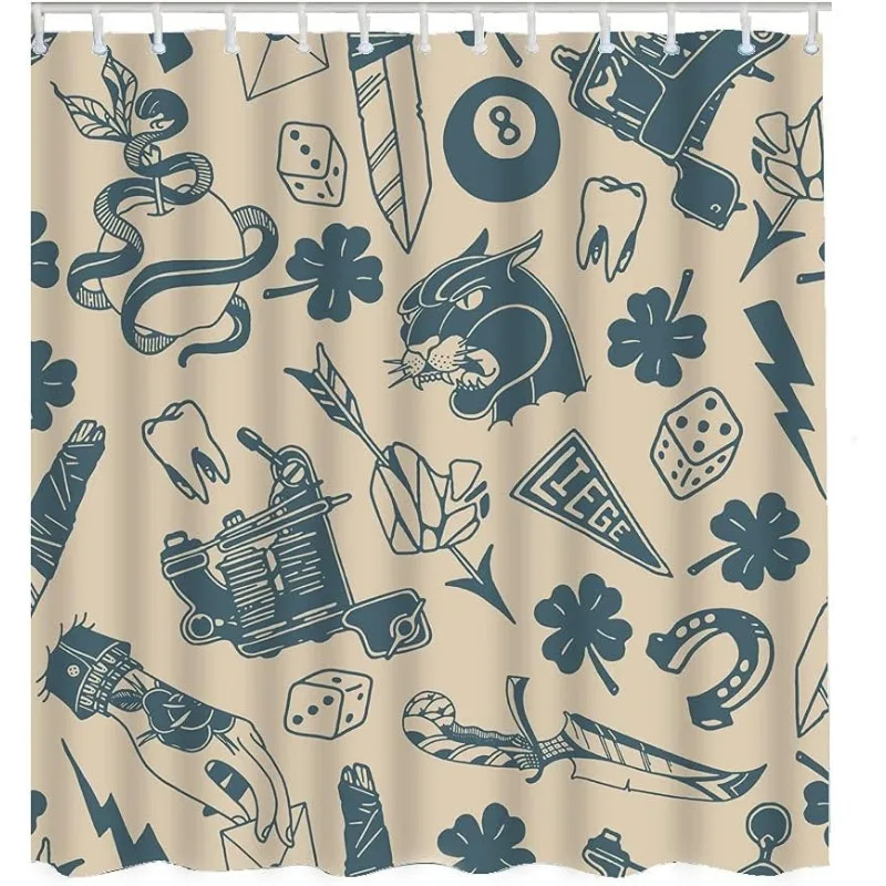 Vintage Tattoo-Inspired Shower Curtain - Waterproof, Machine Washable with 12 Hooks Included, Featuring Dice, Clover, Knife, Lig