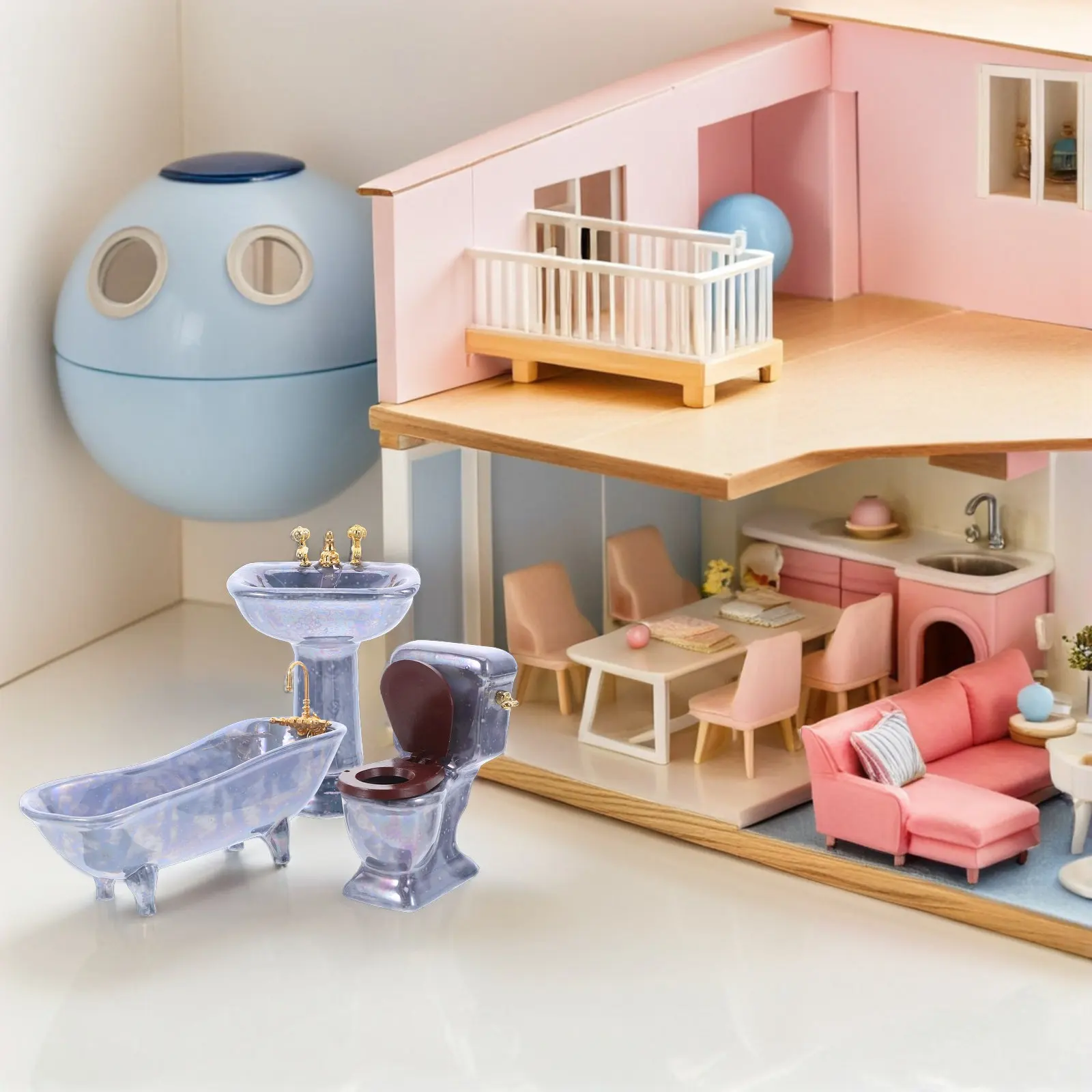 

Набор миниатюрной мебели для ванной комнаты: реалистичная фарфоровая ванна, унитаз, раковина, зеркало. Аксессуары для декора миниатюрного дома.