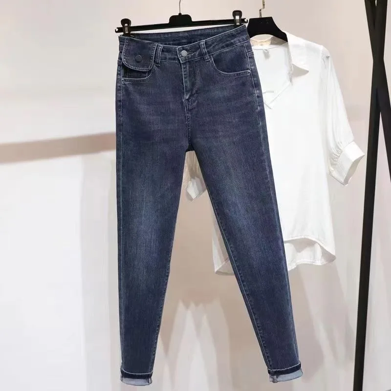 النساء جينز رصاص ربيع الخريف سليم صالح 4XL 5XL امتدت حجم كبير الإناث عالية الخصر صالح الكاحل طول السراويل الفتيات السراويل