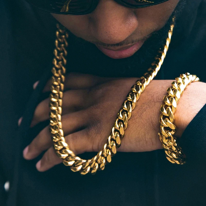 

Мужская цепочка в стиле хип-хоп Miami Cuban Link, позолоченная 14K/18K золотом, из нержавеющей стали, оптом