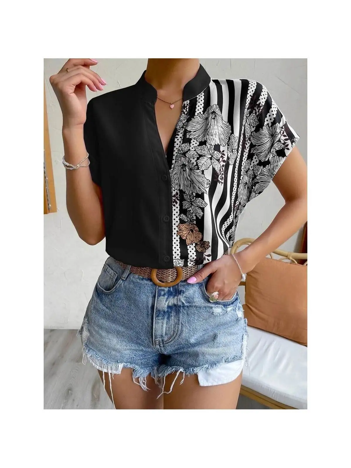 

Women's V-ne Color Contrast Printed ort Sve irt Casual Sle Polyester Fabric Moisture ng Thin Spring Autumn