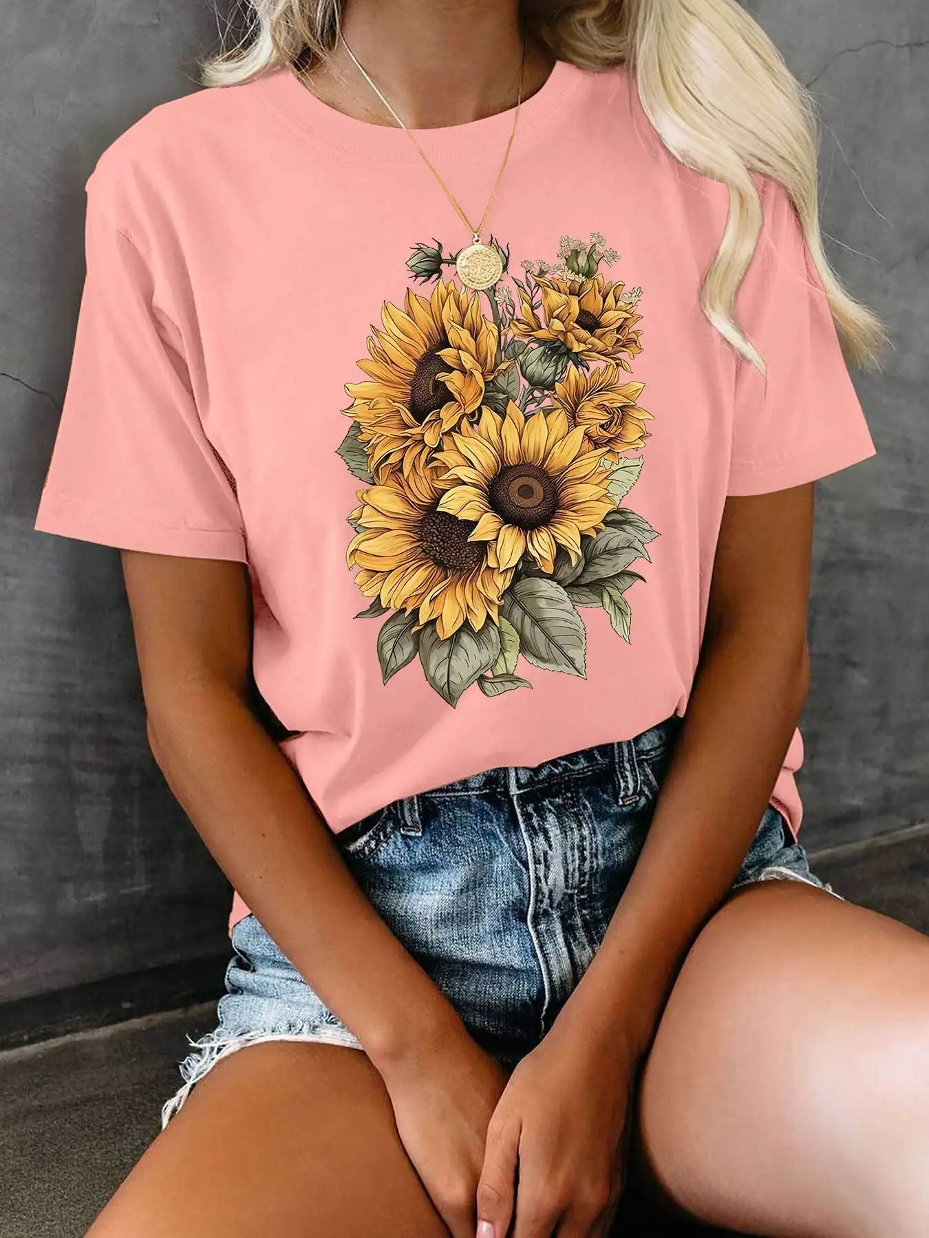 Dames casual T-shirt met korte mouwen en ronde hals Levendige zonnebloem Bloemenprint Dames T-shirts Zomerstijl Comfortabel T-shirt Y2K