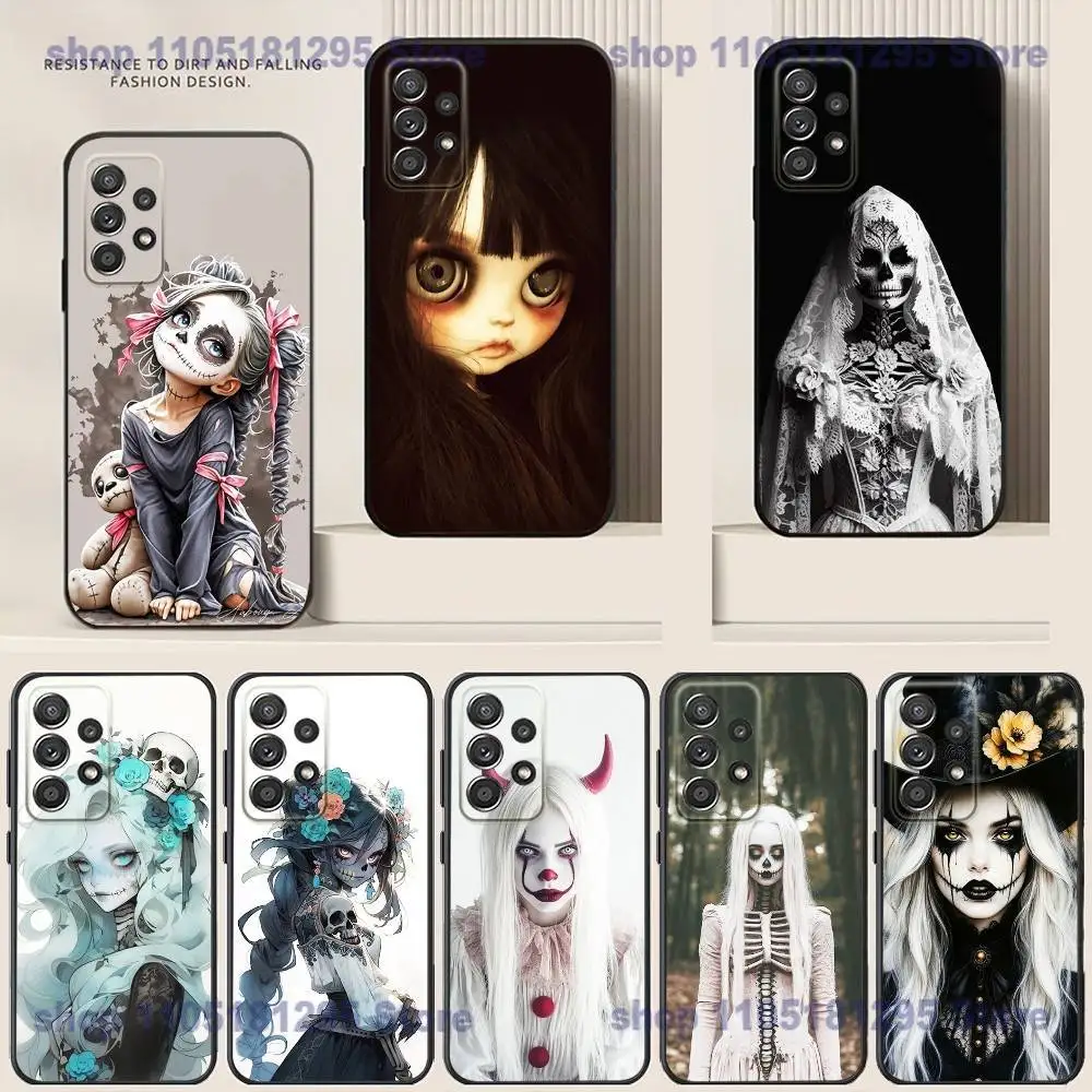

Halloween skull girl Phone Case For Samsung S24,21,22,23,30,Ultra,20,Plus,Note,10,9,Black soft silicone case