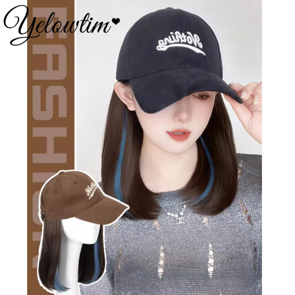 Hat wig, women's long straight hair 2025 new model, simulation hair integrated design, women's fashionable baseball wig hat