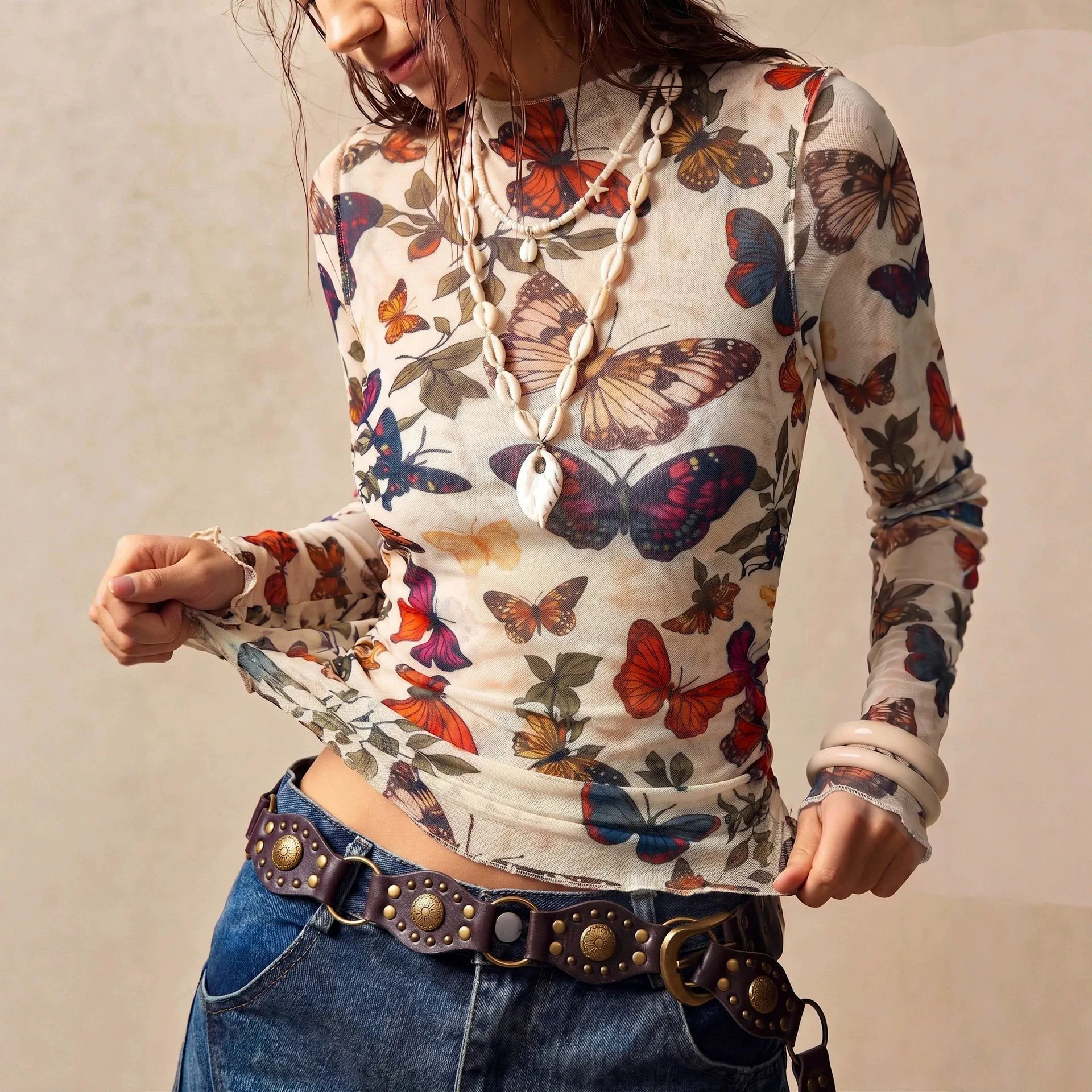 Women T Shirt Y2K Butterfly Print Sheer Mesh Long Sleeve T-shirt Mock Neck Slim Fit See Through Vintage Cropped Female Tee Tops