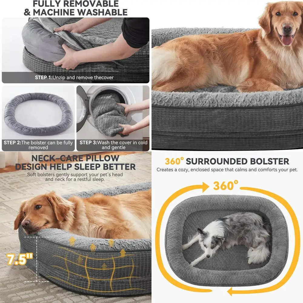 

Большая ортопедическая кровать для собак с эффектом памяти, водонепроницаемым и съемным чехлом, серая