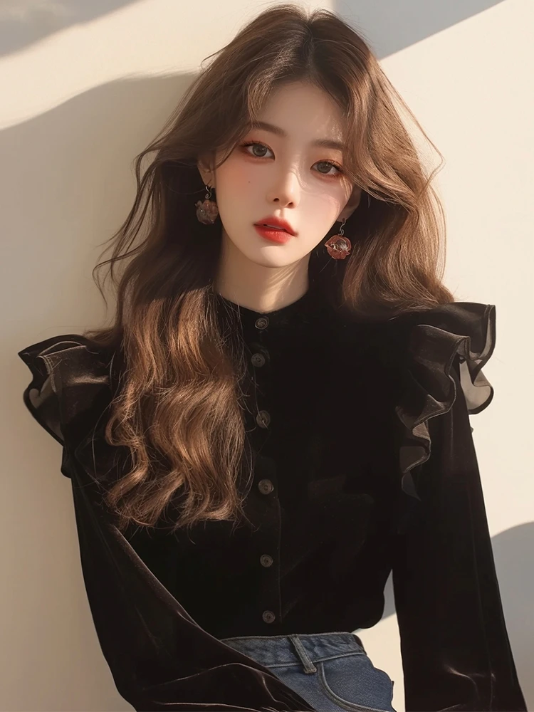 Black Velvet Blouse for Women Ruffled Long Sleeve Temperament Tops 2024 Blusas Mujer De Moda Korean Vintage Stand Neck Shirts