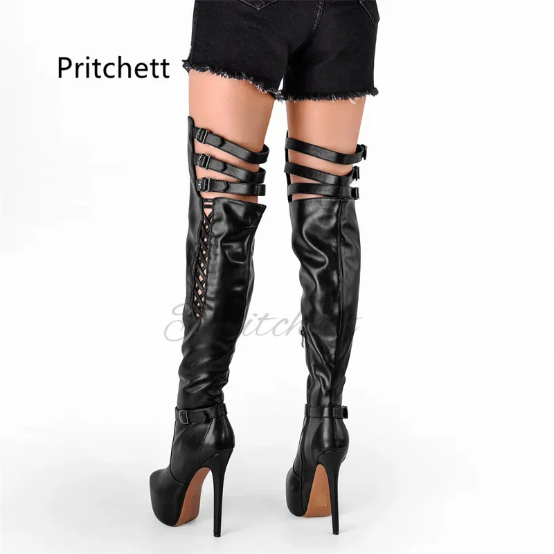 

Belt Buckle Hollow Platform Super High Heel Women's Boots Round Toe Strappy Over The Knee Boots for Women Catwalk Winter Shoes