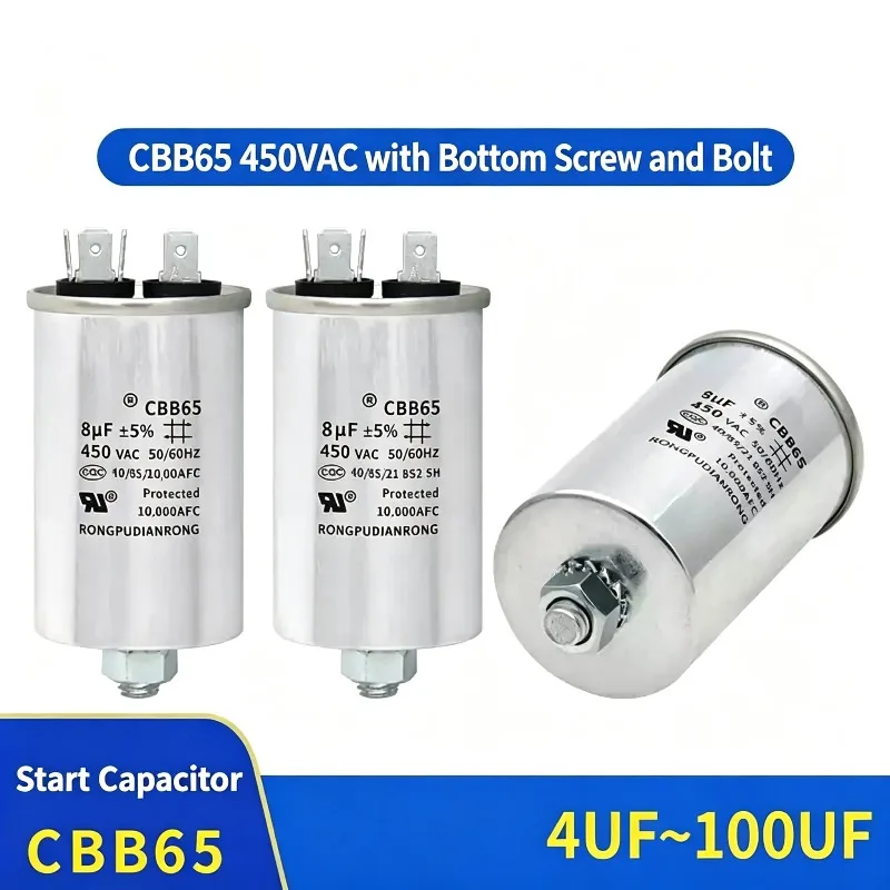 CBB65 air conditioner capacitor bottom with screws 4/5/6/6.5/8/10/12/13/14/15/20/25/30/35/40/45/50/55/60/70/80~100UF/450V screws