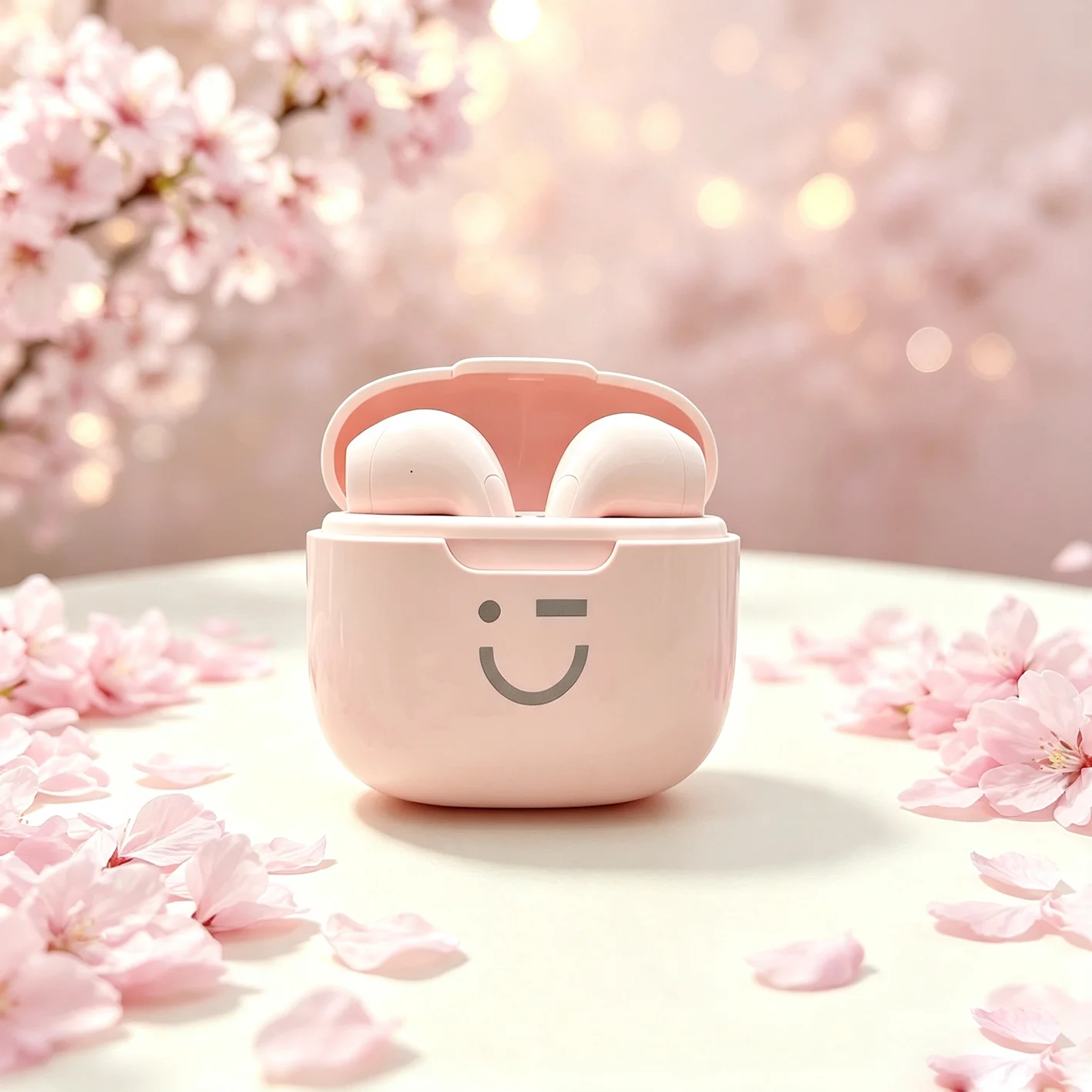 Cherry Blossom Romantic Pink Cute Smile TWS Wireless Bluetooth Earbuds—In-Ear Earbuds Featuring Top-of-the-Line High-Quality Sou
