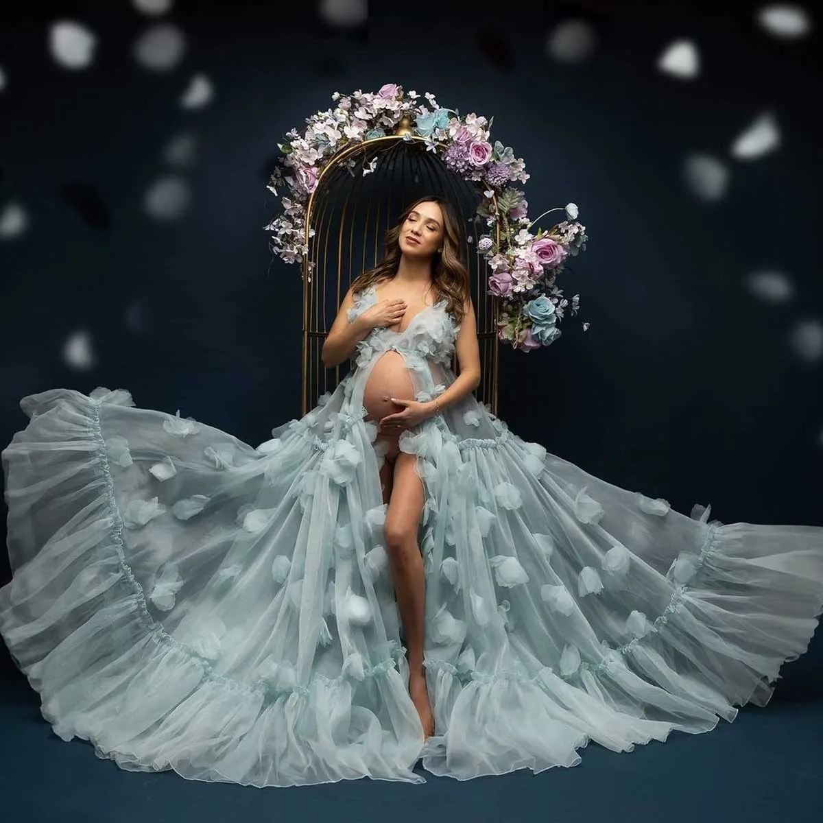 Dream Blue Floral Maternity Dresses for Pregnancy women Handmade Blossom Tulle Maternity Photoshoot Dress Babyshower Gown Custom