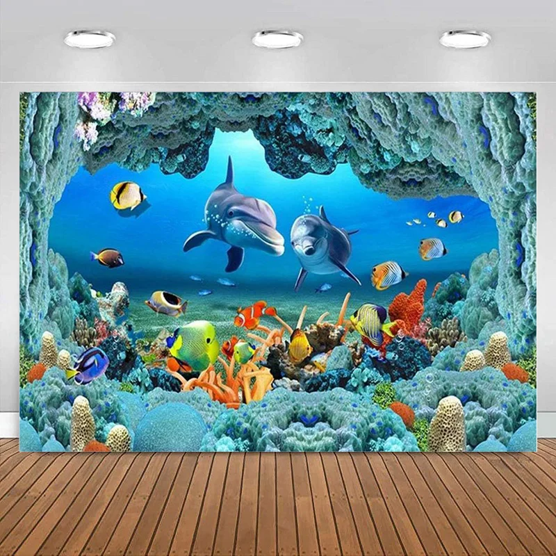 

Underwater World Photography Backdrop Aquarium Coral Sea Cave Background Kids Happy Birthday Party Ocean Theme Decoration Banner