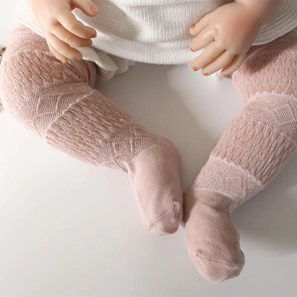 5 قطعة جوارب طويلة للركبة للأطفال من القطن الناعم المرن الدافئ الشاش تصميم شبكي للأطفال الصغار بعمر 0-1 سنة مقاس S أبيض وردي رمادي