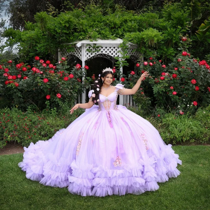 

Lavender Quinceanera Dress off-shoulder Glitter Crystal Lace Layering Decal Long tail Bow vestidos de 15 Quinceanera ﻿Customize