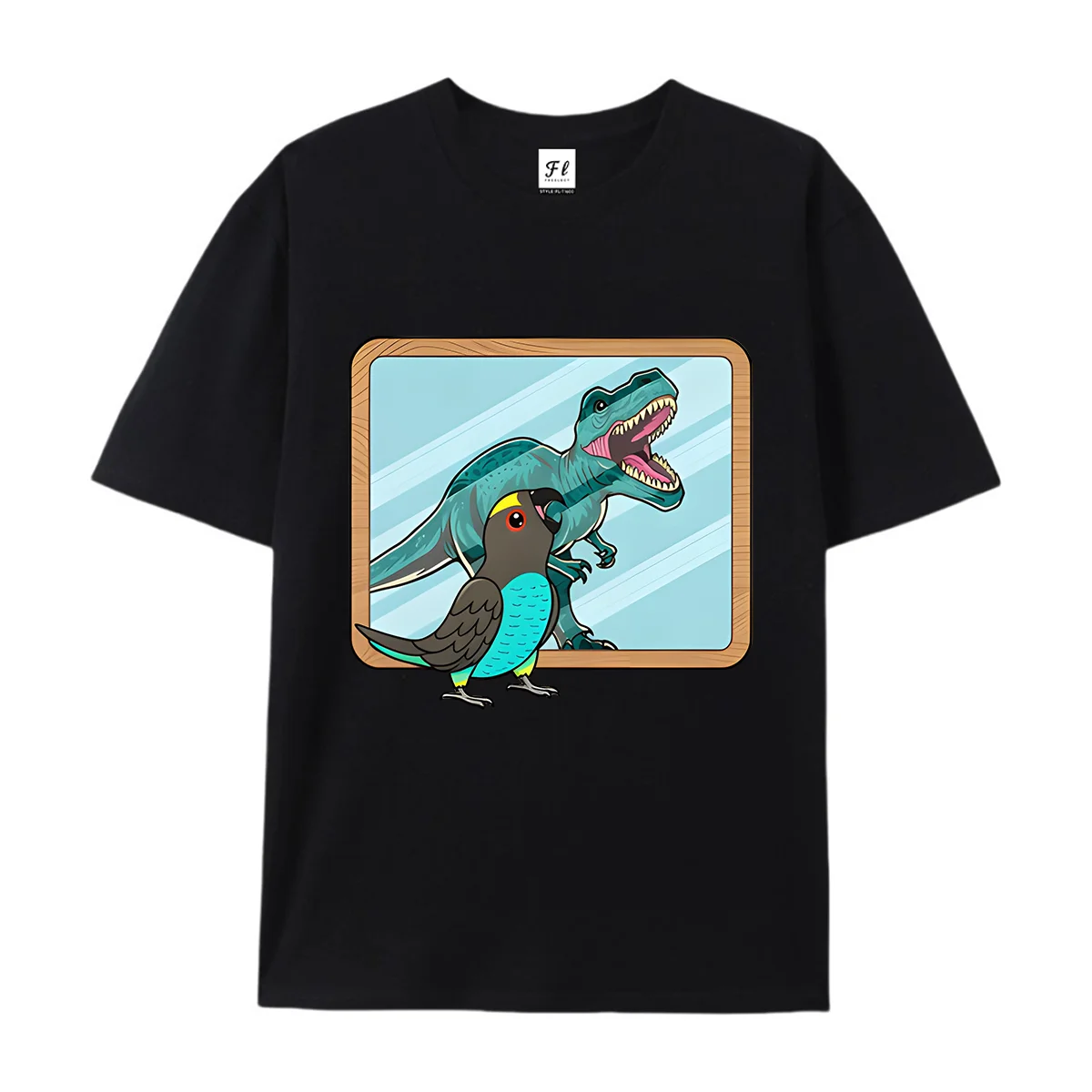 Unisex Short Sleeve T Shirt Cute Parrot Watching T-Rex In Photo Frame Print Casual Cotton Tees For Men Women Funny Animal Theme