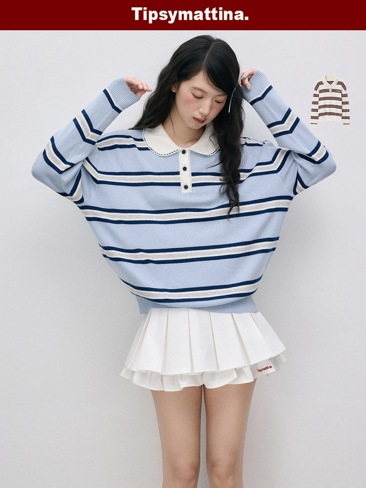 

Tipsymattina Miu, осенне-зимняя полосатая вязаная длинная женская верхняя одежда для колледжа, свободная посадка для девочек