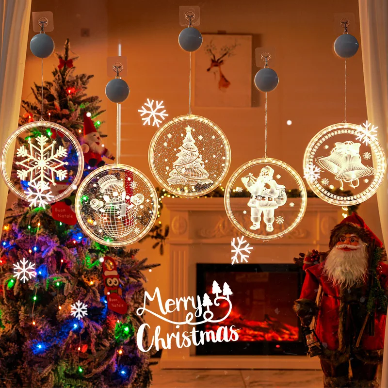 LED Christmas Decoration Hanging Light Battery Powered Acrylic Round Lamp Santa Snowflake for Xmas Tree Shop Window Home Holiday