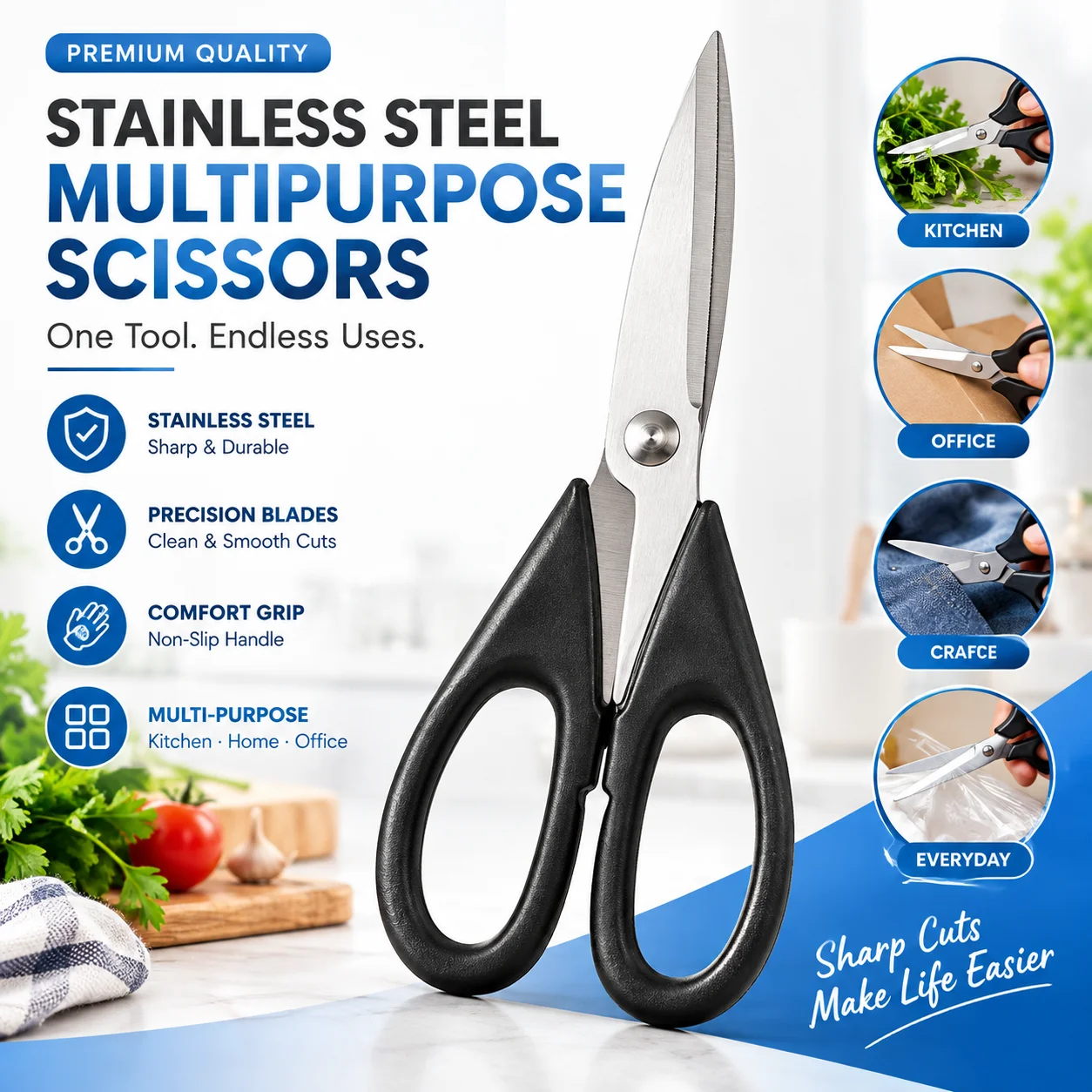 Stainless Steel Multipurpose Scissors 22cm Sharp Utility Shears for Home Kitchen Office Paper Fabric Craft Cutting Tool