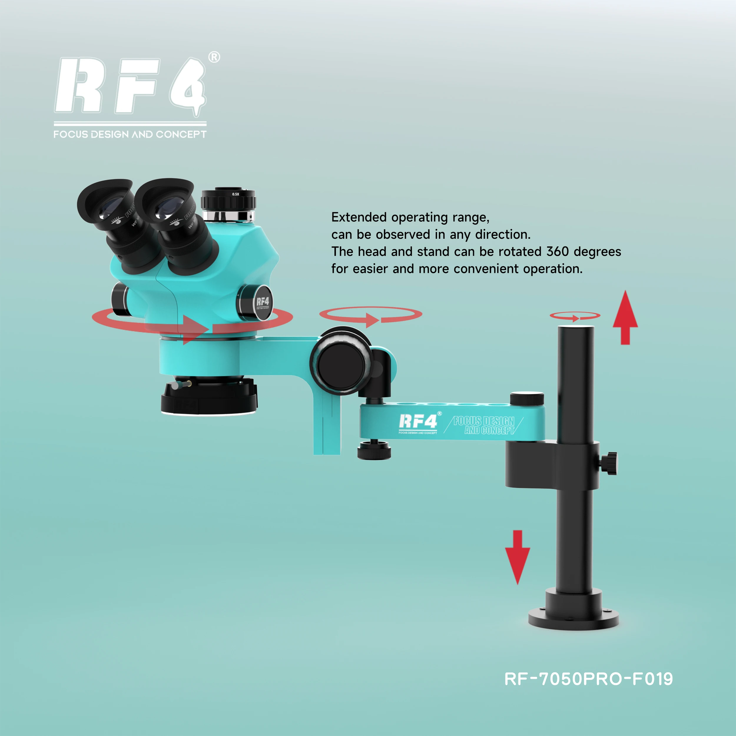 RF4 6 Speed Precise Locking Magnification Zoom,360 ° Rotation Adjustable Swing Arm Universal Stereo Microscope RF-7050PRO-F019