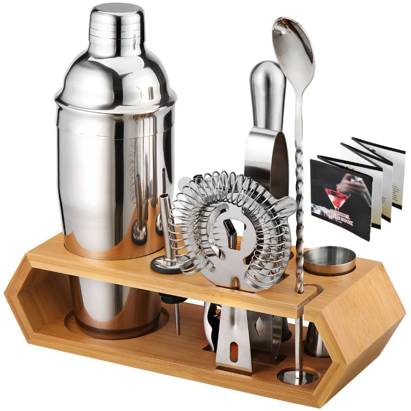 

Stainless steel bamboo frame bartender set bar bartending tool 10-piece cocktail mixing cup