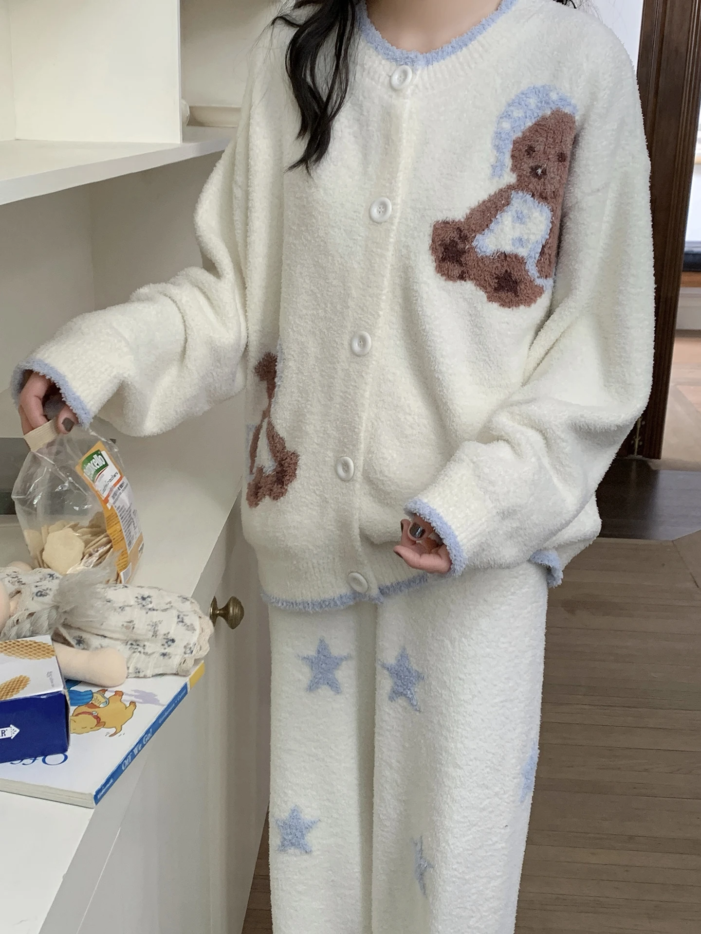 cute-cartoon-star-sp-cap-soft-knitted-nightgown-women's-open-cardigan-loose-wide-leg-pants-home-clothes-women