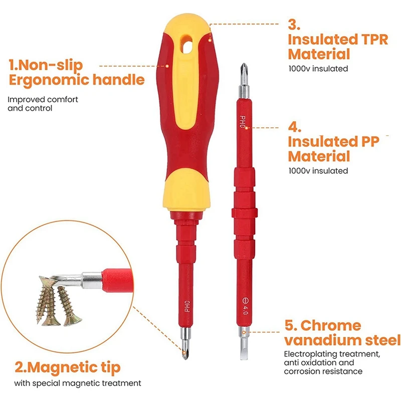 1Set Insulated Electrician Screwdriver Set With Magnetic Wristband Tools 1000V Metal For Men PH Slotted Torx Hex Square Bits