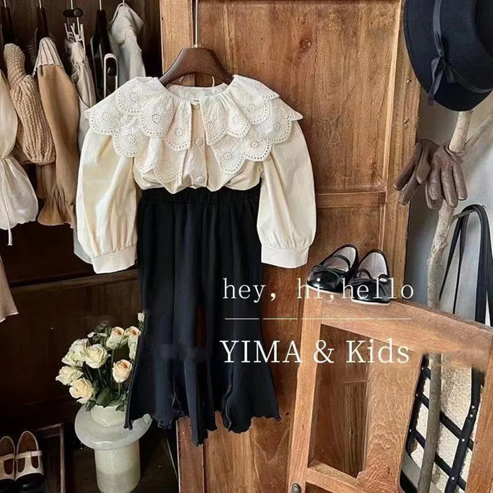 

Children Spring and Autumn New Girls' Retro Foreigner Lace Shirt Children's Fashion Solid Color Long Sleeve Top Baby Shirt 2-7Y