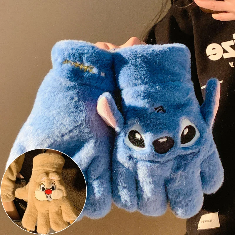 

Disney Stitch Full Finger/half Finger Gloves for Women's Soft Winter Warmth Anime Plush Gloves Creative Winter Kids Adult Gifts