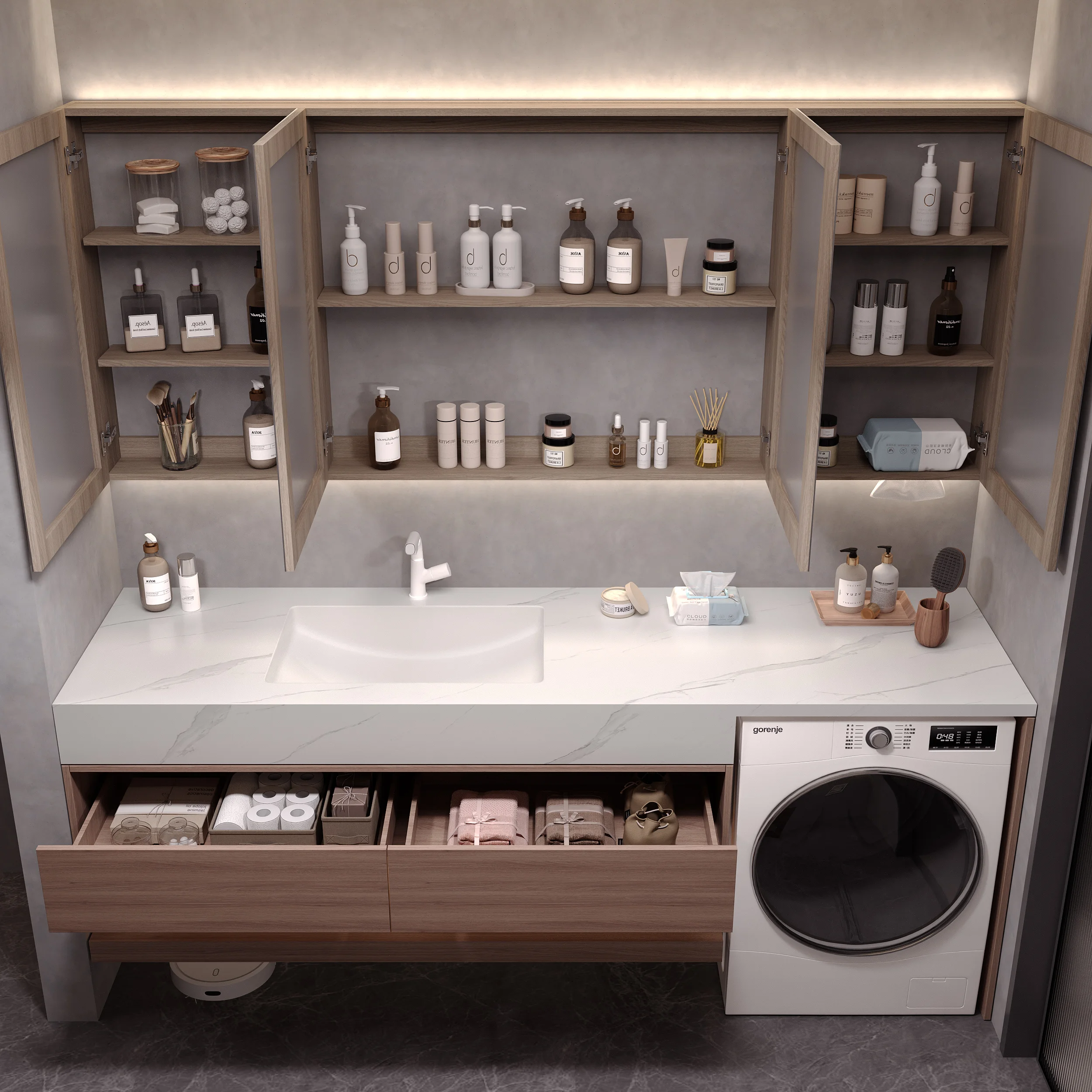 HV-Best-selling Modern Washing Machine Cabinet Wall-mounted Bathroom Washstand with Single Basin and Smart Mirror*