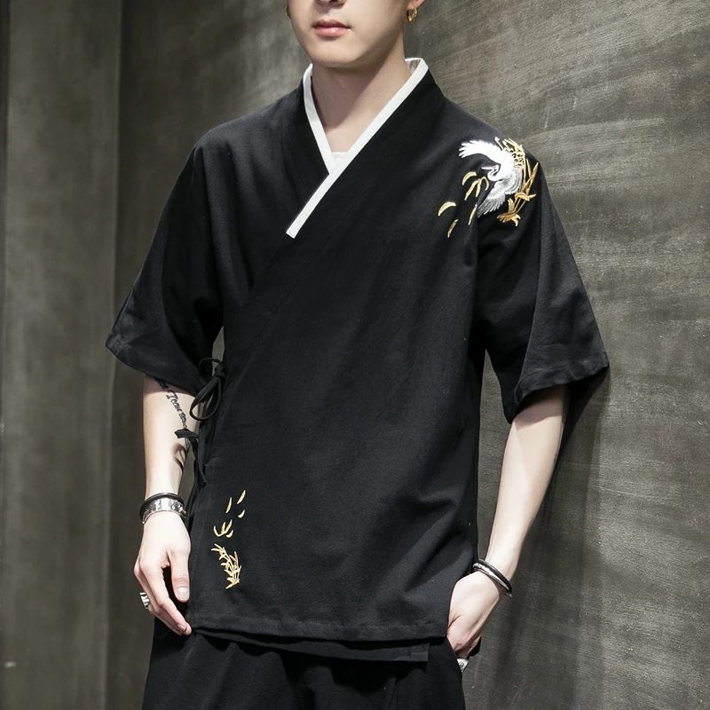 

Chinese Sle Cotton Linen ort Sve T-irt Embroidered Collar Open Cardigan Dao Pao Outerwear for Men Summer Faion Brand