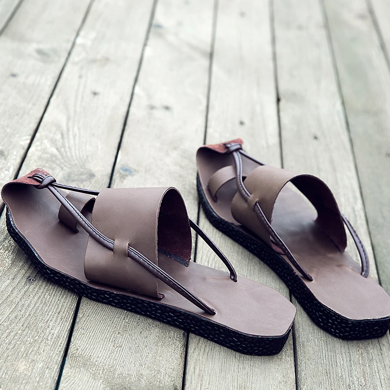 ummer Men Sandals Fashion Roman Sandals Breathable Flat Beach Shoes Soft Sole PU Shoes Black Khaki Size 38-44 Men Sandals